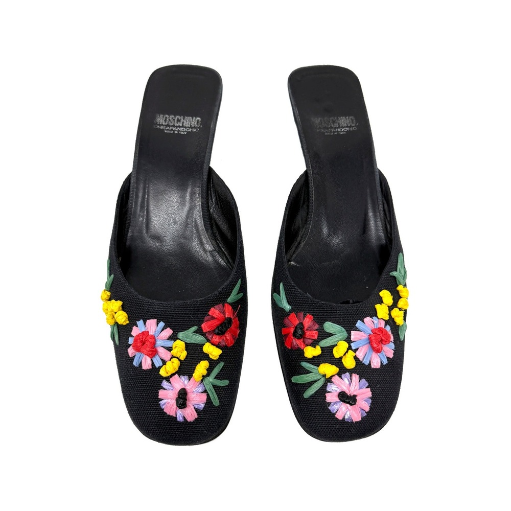 Moschino Black Floral Embroidered Mule Heels‎ Kitten Heel 40.5